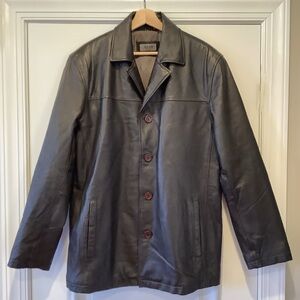 XLD Men’s Dark Brown Leather Jacket Coat Button Up Lined Sz Large with Pockets
